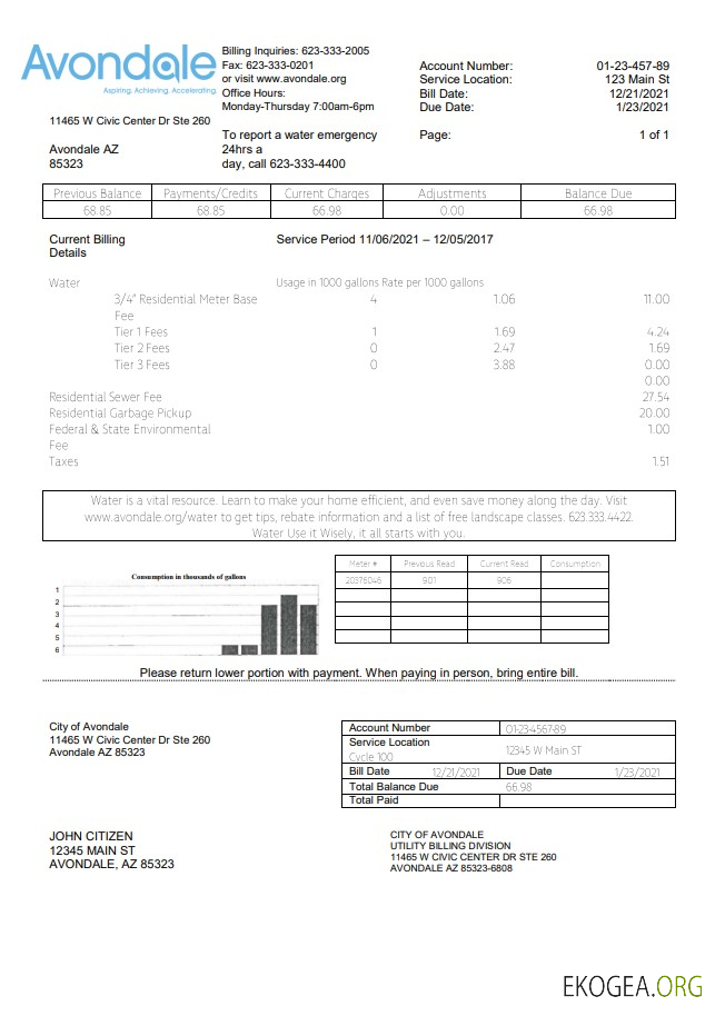 USA Arizona The City of Avondale Water utility bill template in Word and PDF format